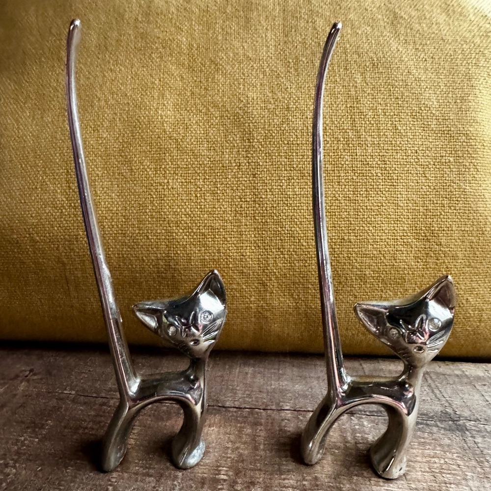 SET OF 2 Chrome Long Tailed Cat Ring Holder Mcm Vintage